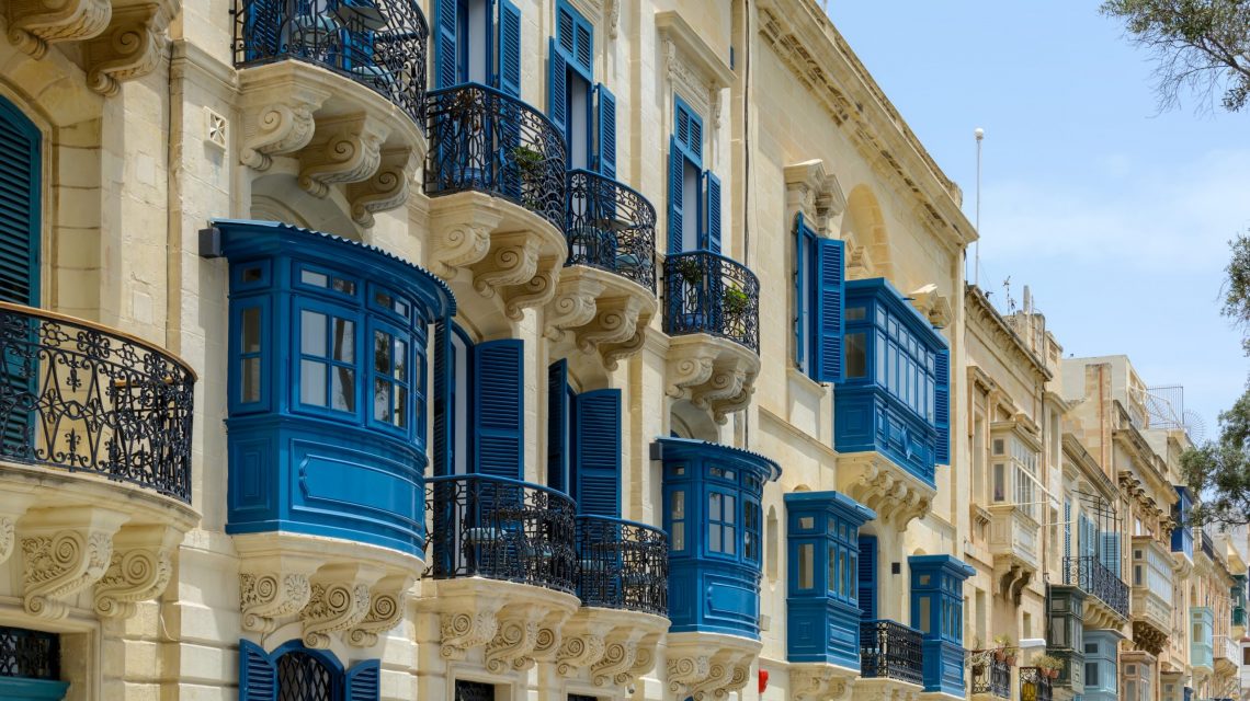 Residential,House,Facade,With,Traditional,Maltese,Navy,Blue,Enclosed,Wooden