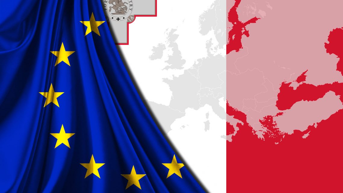 Malta,And,European,Union,Flag,With,Europe,Map,Background