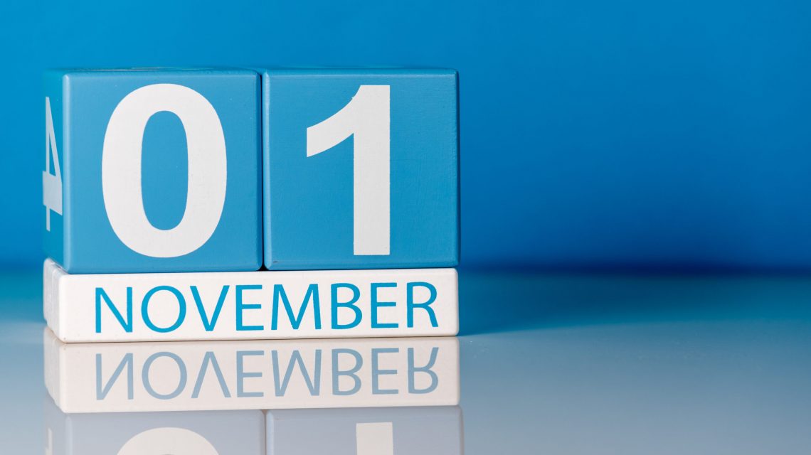 November,1st.,Image,Of,November,1,Calendar,On,Blue,Background.