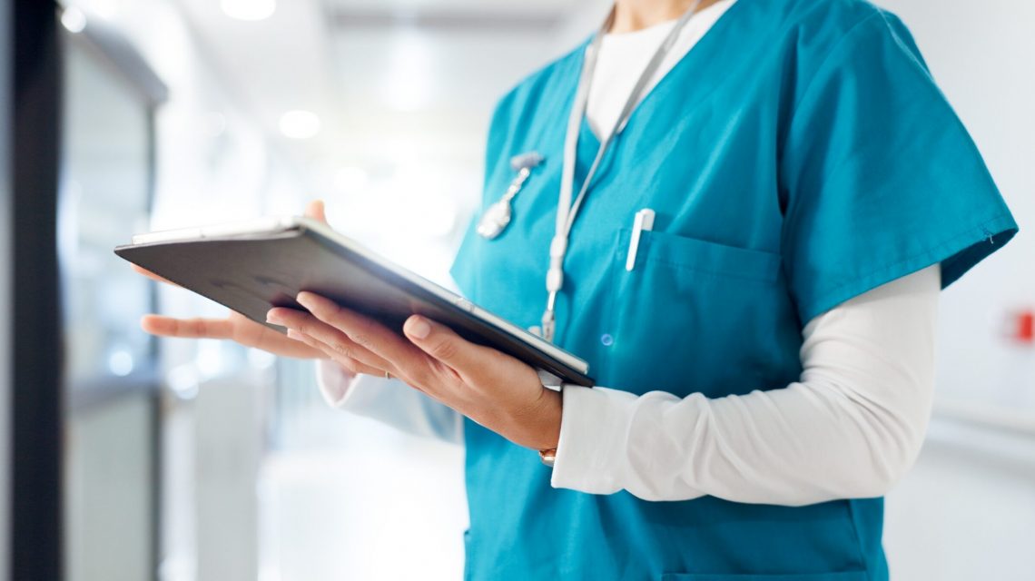 Hands,,Woman,Or,Nurse,On,Tablet,In,Hospital,For,Schedule,